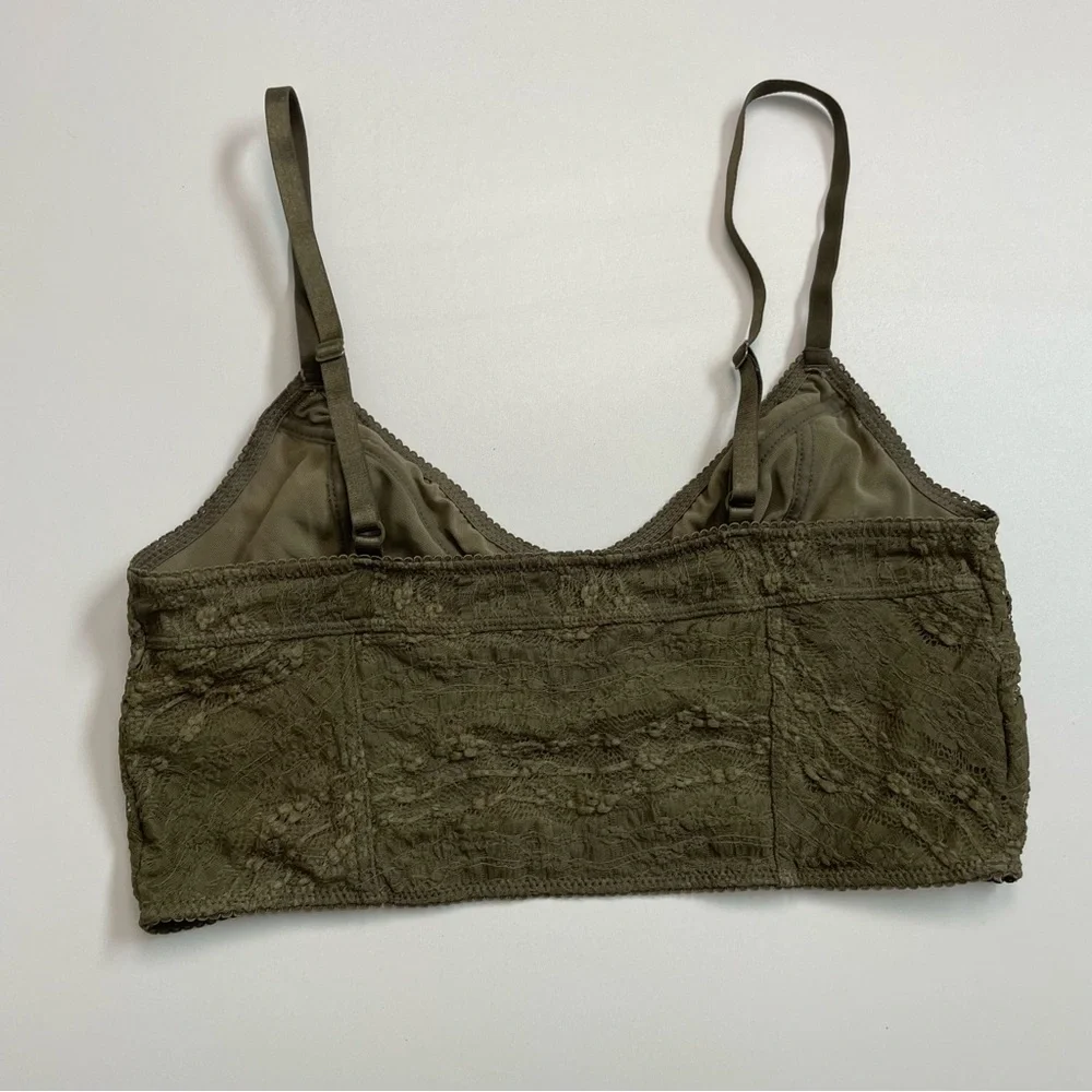 Free People Bralette Corset Crocheted Lace Asian Floral No Padding Olive Green